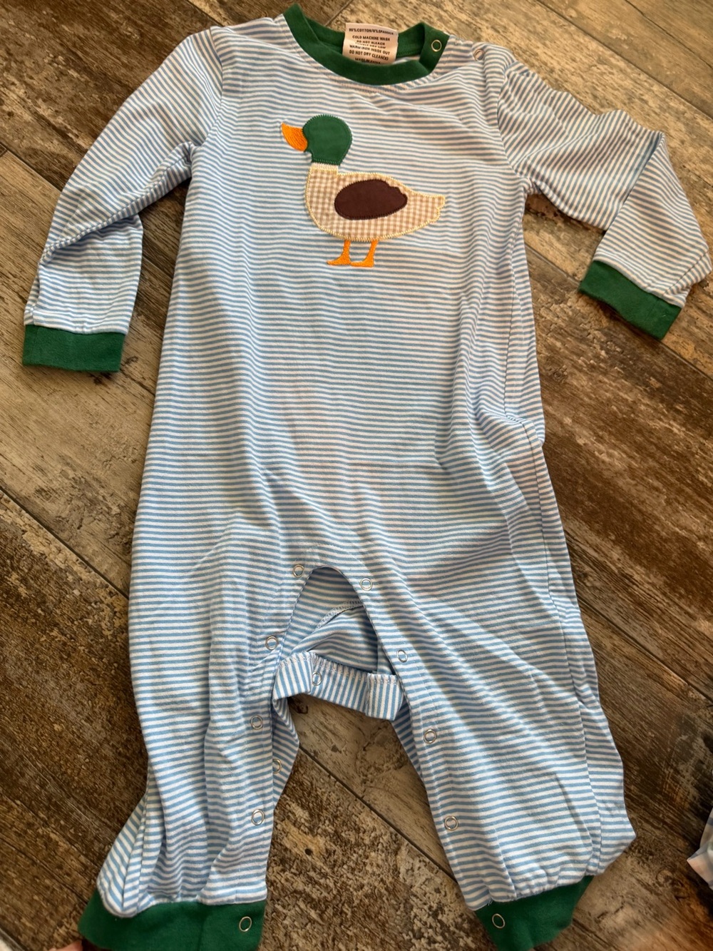 Blue & White Striped Duck Applique Footie with Green Trim